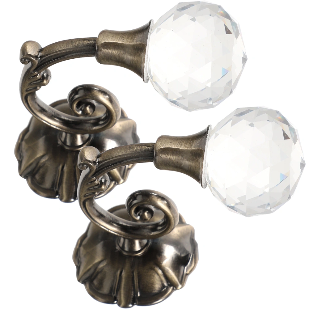 Pair of High Grade Vintage Crystal Ball Holdbacks Curtain Clothes Hook (Antique Brass)