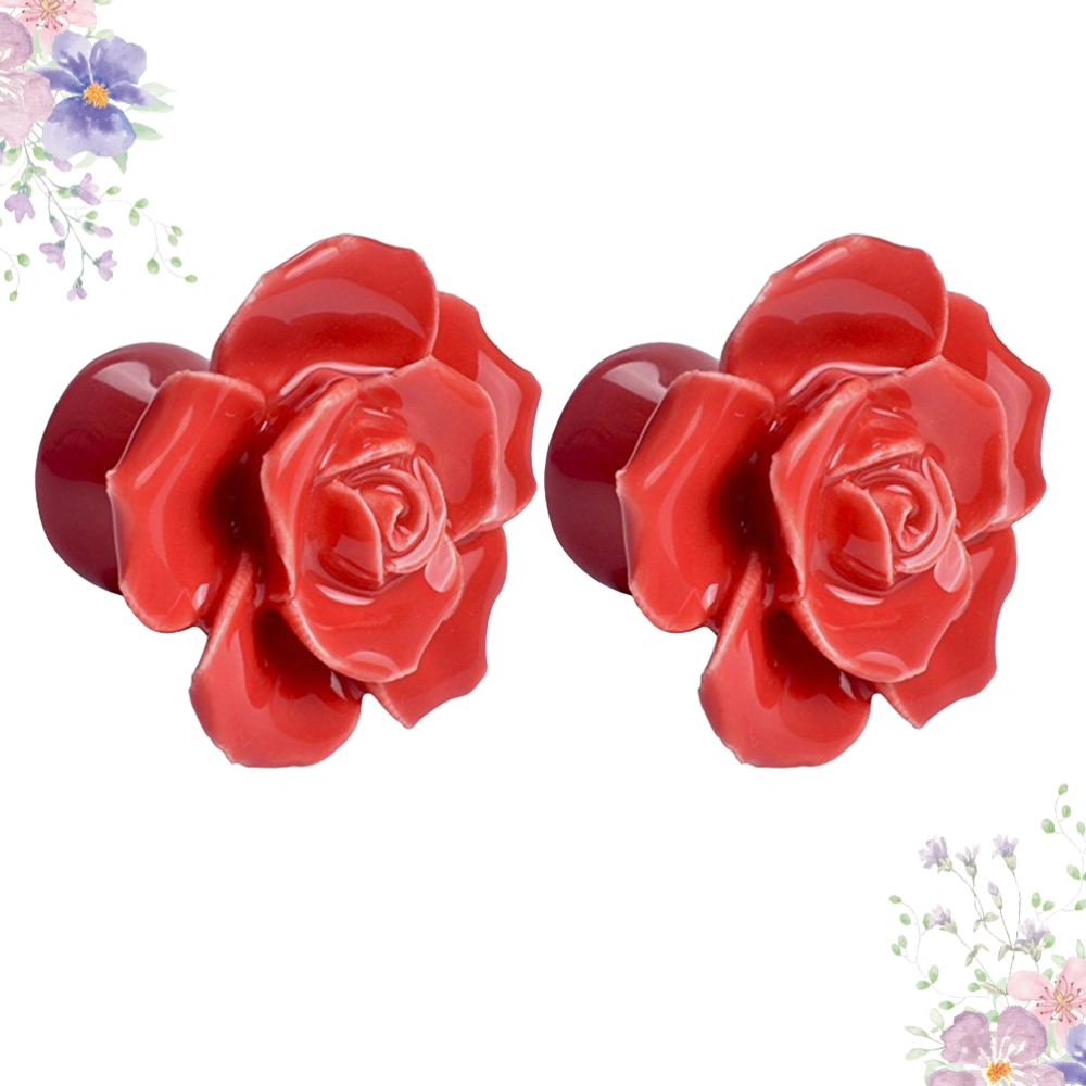 2pcs Rose Shaped Ceramic Kitchen Cupboard Cabinet Drawer Door Knobs Pull Handles (Red)