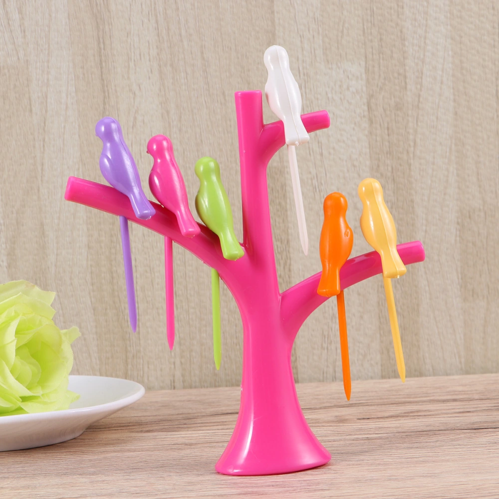 6PCS Bird Shaped Plastic Fruit Forks and 1PC Tree Shaped Holder Toothpick Fruit Tool for Party Home Decor (Rosy)