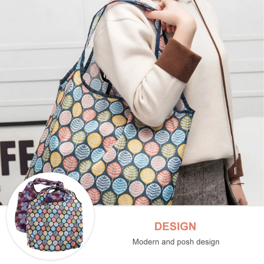 4pcs Printed Portable Shopping Bag Foldable Environmental Protection Bag Outdoor Tote Bag (2pcs Fireworks, 2pcs Leaf)