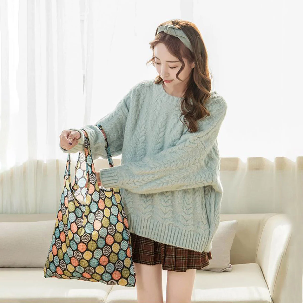 4pcs Printed Portable Shopping Bag Foldable Environmental Protection Bag Outdoor Tote Bag (2pcs Fireworks, 2pcs Leaf)