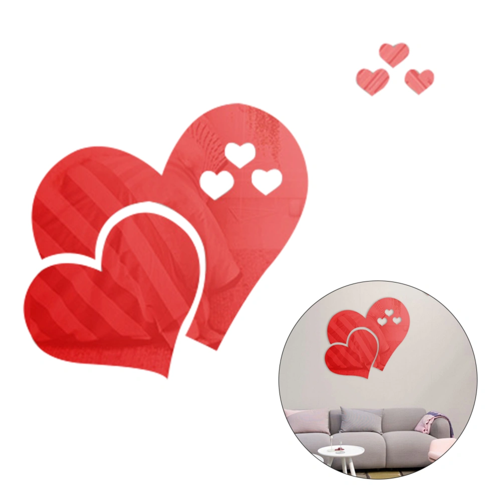 Removable 3D Love Heart Shaped Mirror Wall Stickers Mirror Style Modern Acrylic Stickers DIY Mural Home Decor (Red)