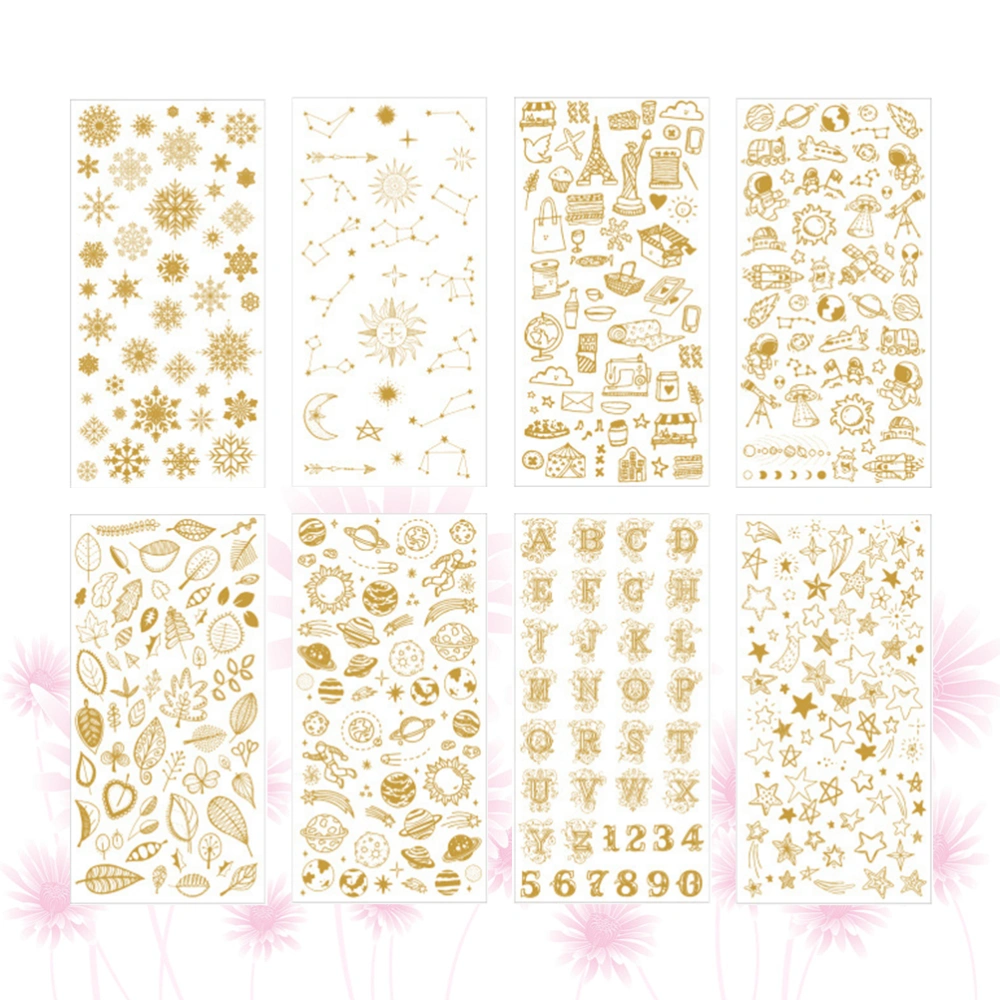 8 Sheets Gold Stamping Sticker Shiny Snowflake Star Scrapbook Stickers Decorative Stickers for Photo Album Diary