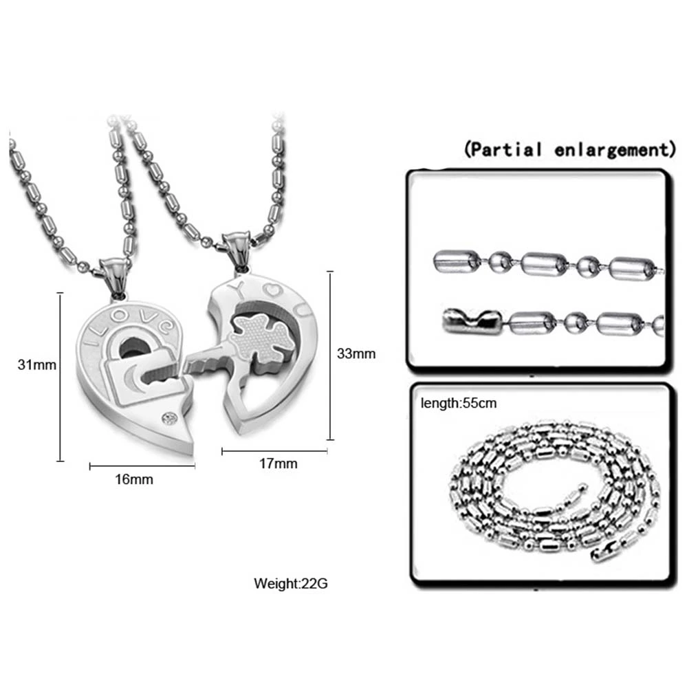His and Her Heart Key Matching Puzzle Titanium Steel Couples Necklace