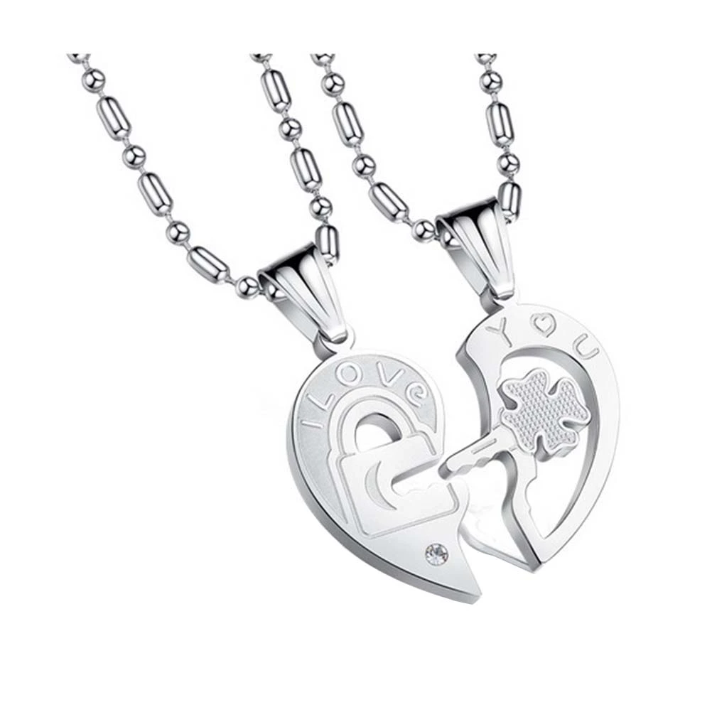 His and Her Heart Key Matching Puzzle Titanium Steel Couples Necklace