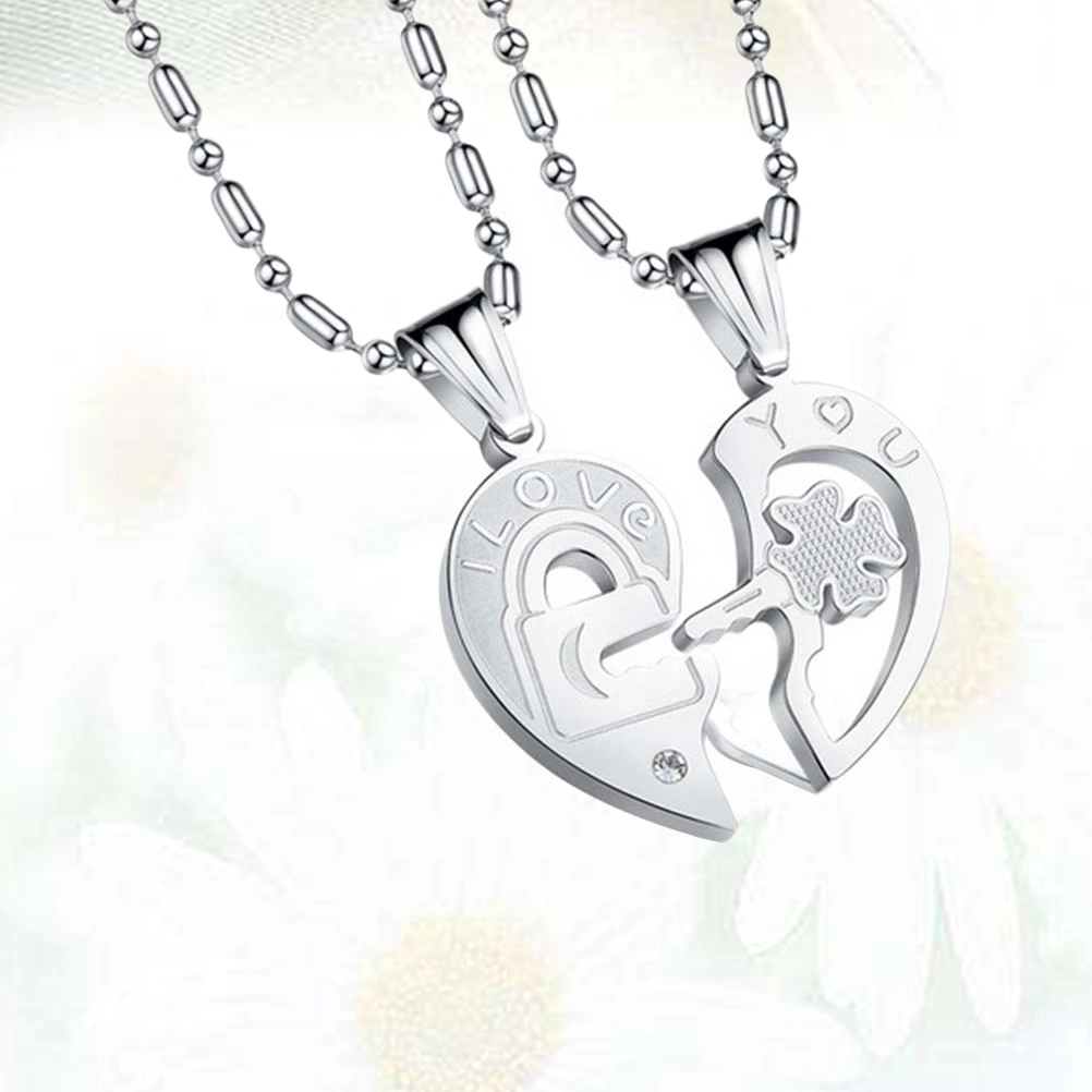 His and Her Heart Key Matching Puzzle Titanium Steel Couples Necklace