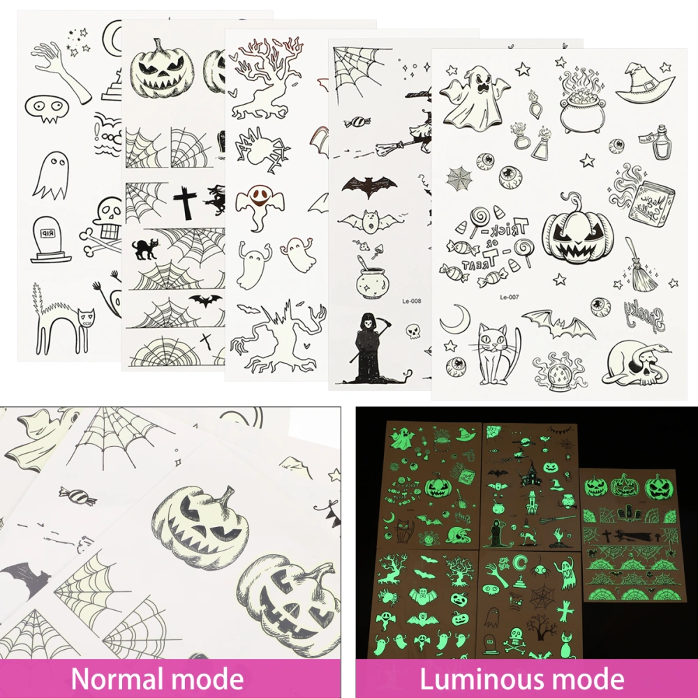 5 Sheets Halloween Waterproof Glow In Dark Stickers Luminous Tattoos Pastes