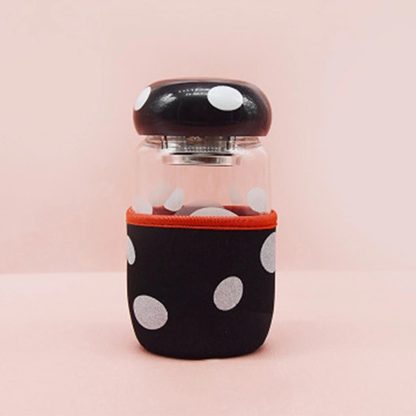 Mushroom Glass Portable Tea Bottle with Tea Strainer and Cup Cover (Black)