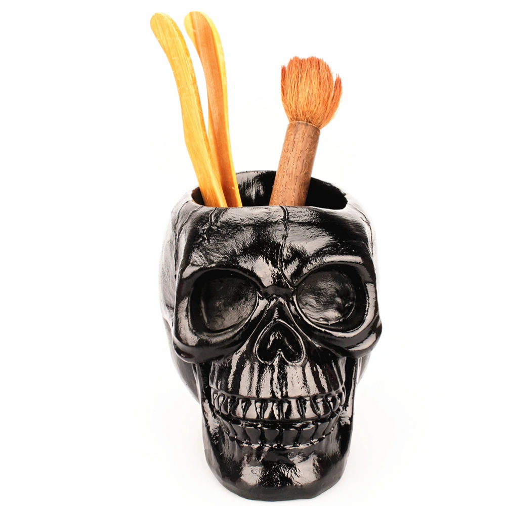 Black Skull Office Stationery Holder Halloween Horror Pen Holder Home Office Desktop Supplies Personality Desktop Ornament - 11x15x11cm (Black)