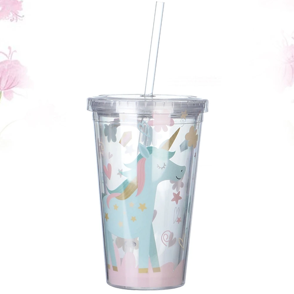 450ml Portable Drinking Water Bottle with Straw Double Layer Straws Water Cups Plastic Fashion Drinking Mug (Flower Unicorn)