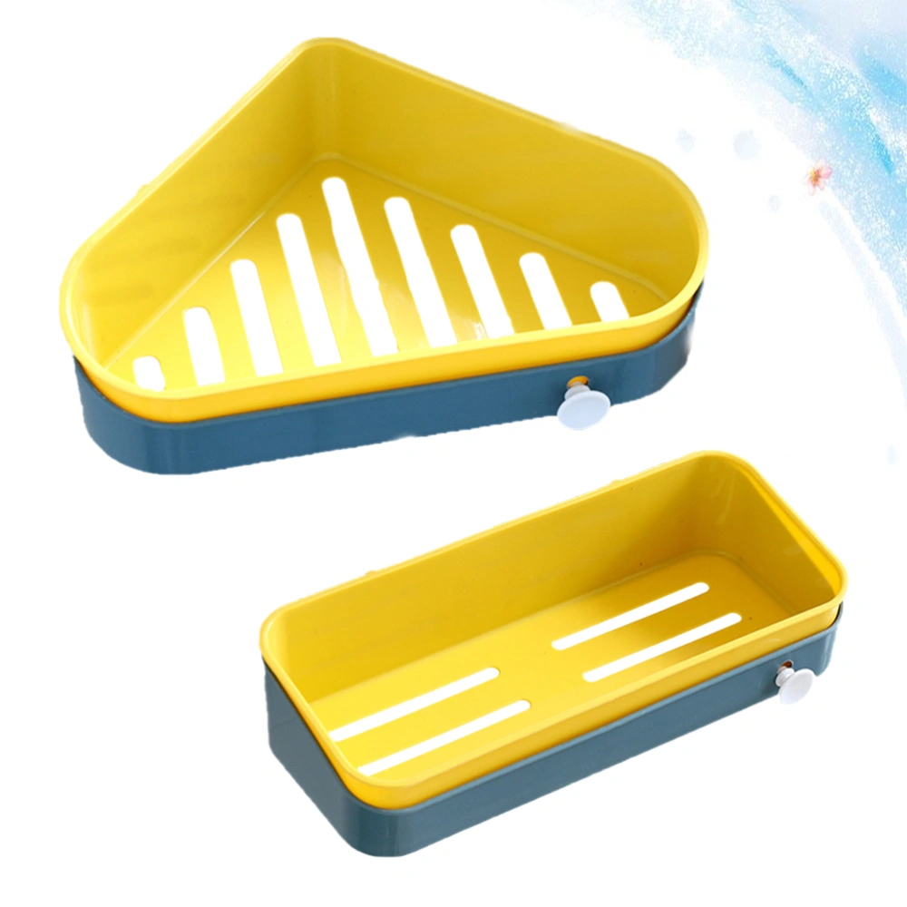 2PCS/Set Punch Free Draining Storage Basket Wall Mount Storage Shelf Bathroom Kitchen Space Saving Storage Organizer with Hook (Yellow)