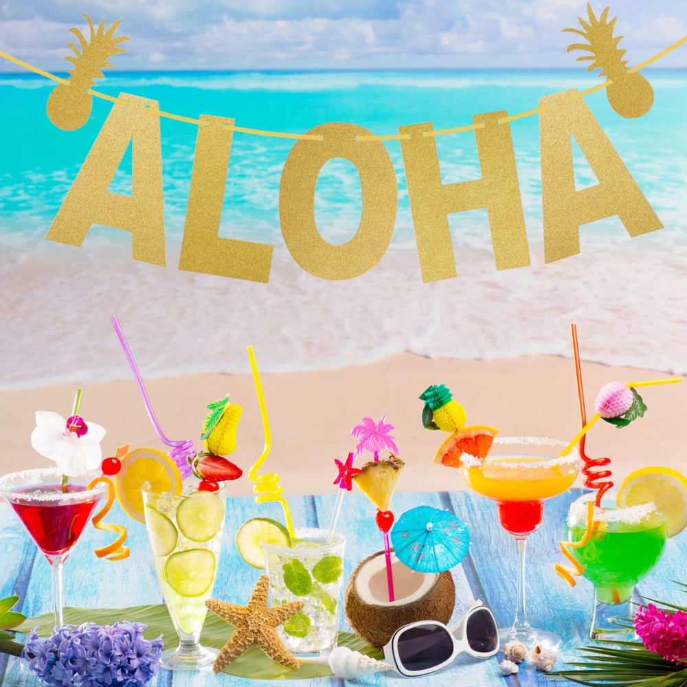 Hawaiian Style with Long Pineapple ALOHA Letter Glitter Powder Garland (Gold)