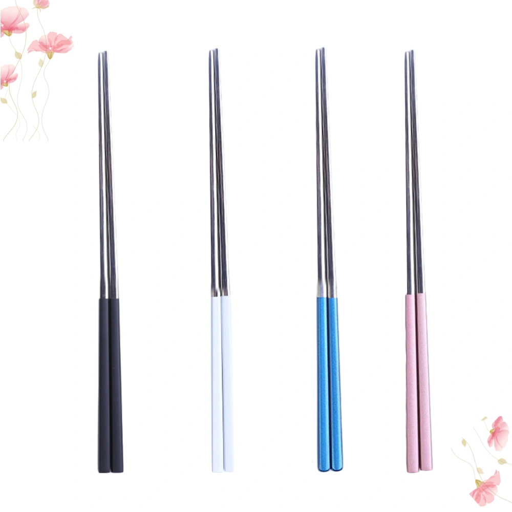 4 Pairs of 304 Stainless Steel Polished Square Chopsticks Reusable Overgild Nonslip Chopsticks for Home (Black/White/Pink/Blue))