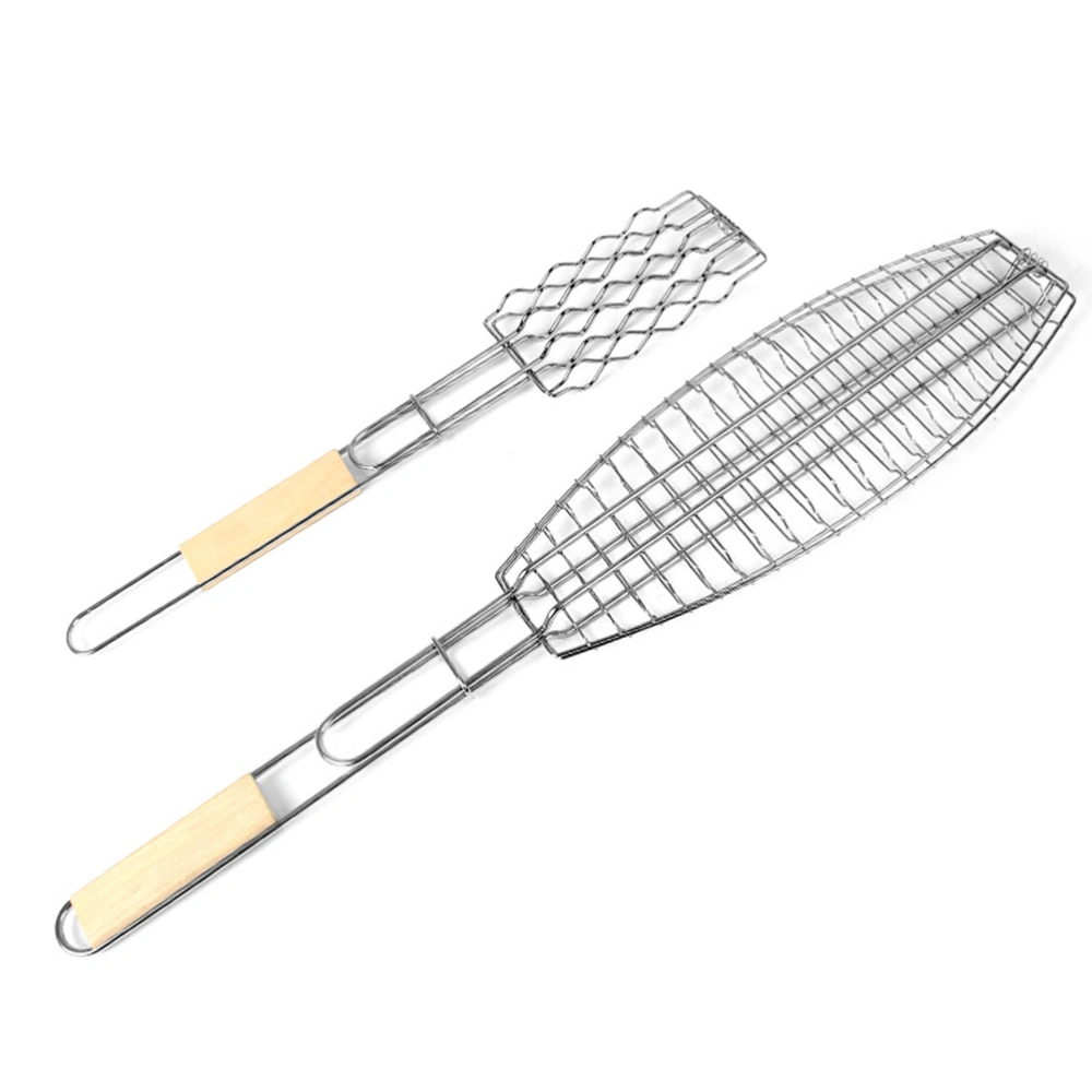 2 Pcs Fish Grill Basket Long Handle Non-stick Mesh Grilled Fish Barbecue Clip Wooden Part Handle Net Outdoor Barbecue Tool (Silver, White)