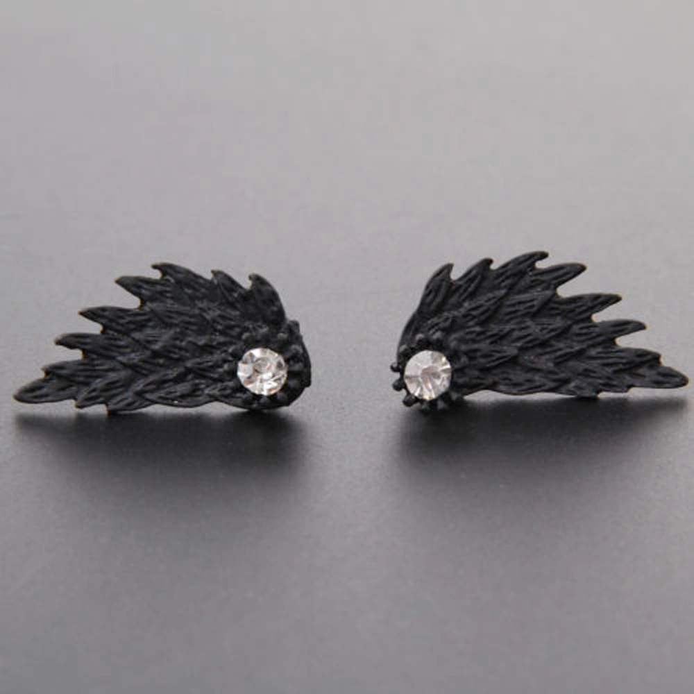 Women Vintage Ear Stud Angel  Wing Earrings Rhinestone Earrings (Black)