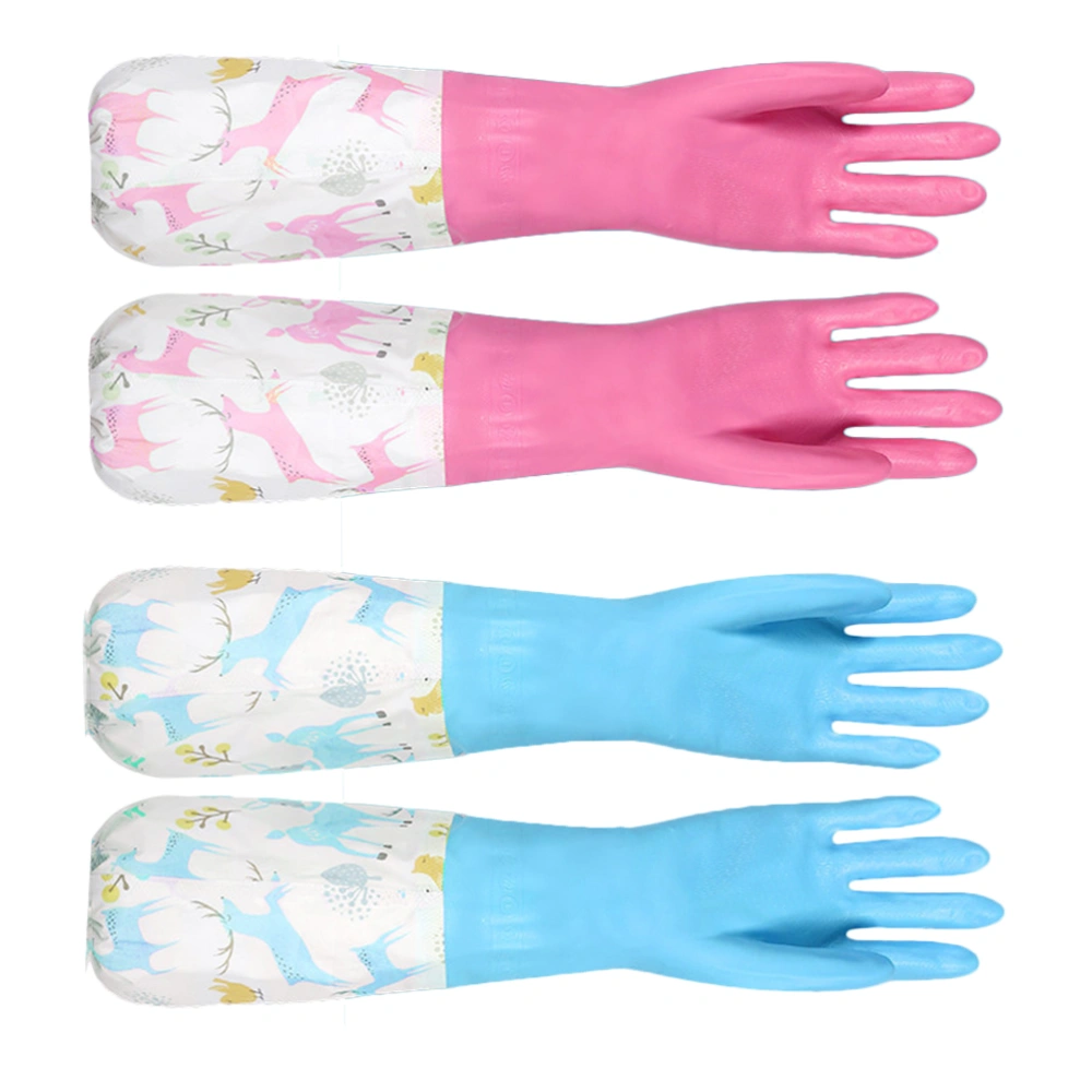 2 Pair Waterproof Kitchen Gloves Drawstring Rubber Gloves Household Gloves Lengthened Dishwashing Gloves for Home Use (Random Color Deer Printing Style)