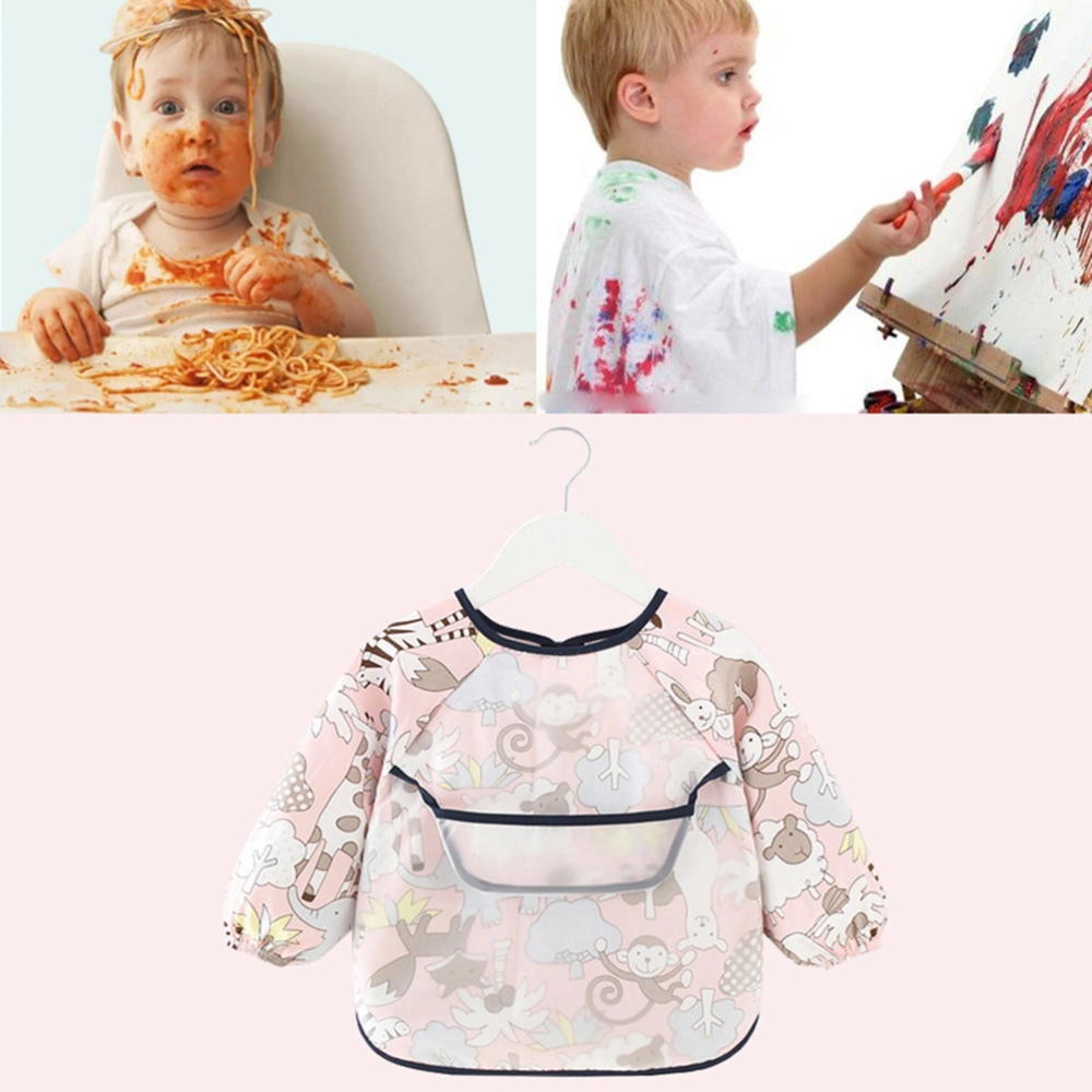 1 Pc Zoo Pattern Practical Kids Overclothes Waterproof Long Sleeve Dining Bib for Baby Infant Newborn (Pink) - Size 90