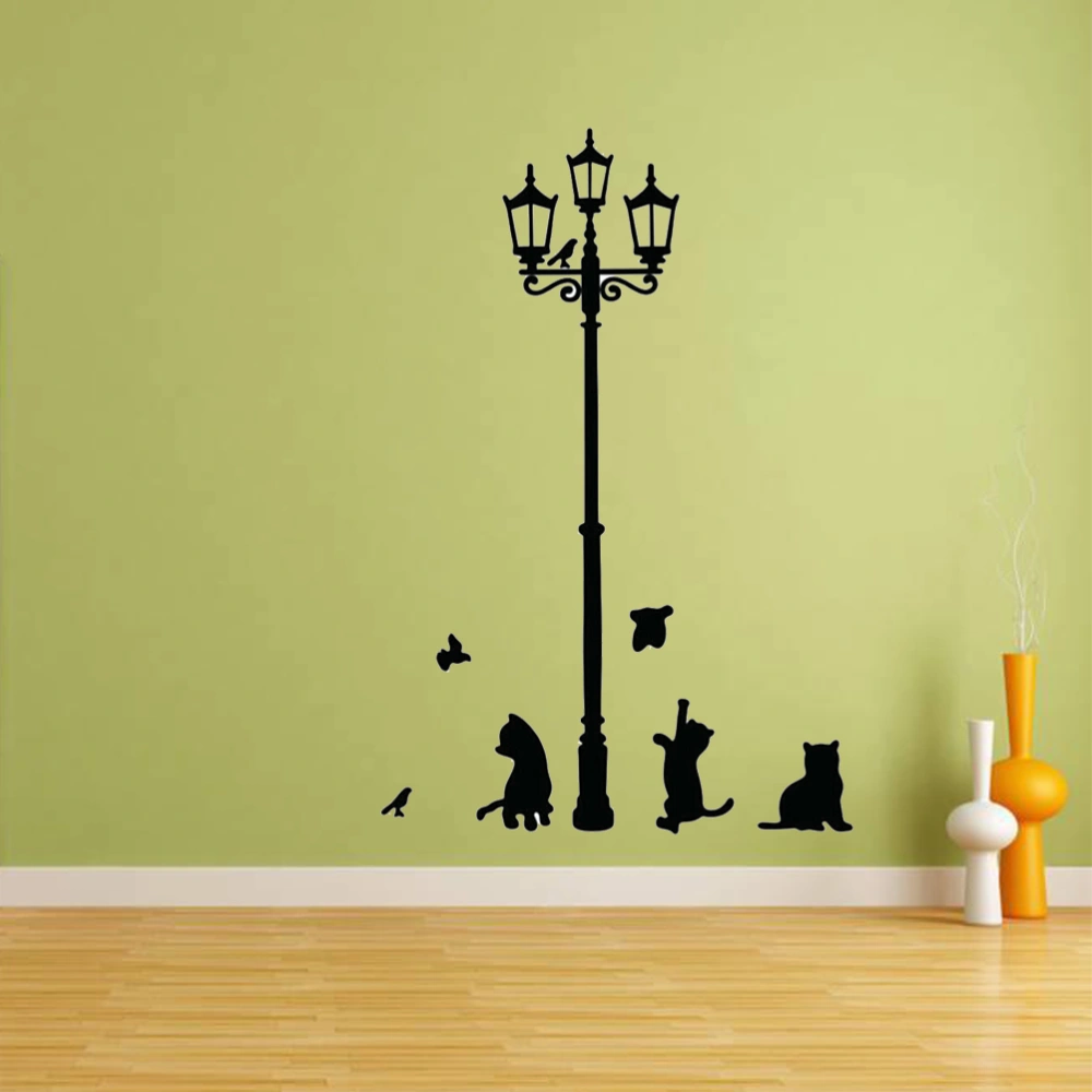 Street Lamp and Cats Wall Decal Sketch Vinyl Sticker Removable Wallpaper for Living Room Bedroom