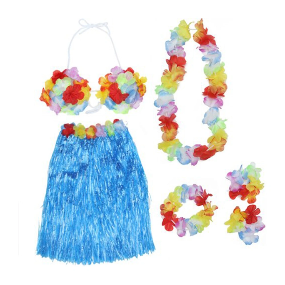 40cm Hawaii Tropical Hula Grass Dance Skirt & Bra & Flower Bracelets & Headband & Necklace Set (Blue)