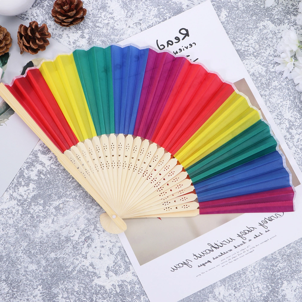 3pcs Rainbow Prints Foldable Fan Colorful Handheld Fan Durable Gift Fan Wedding Decors 21CM (Bamboo Handle)