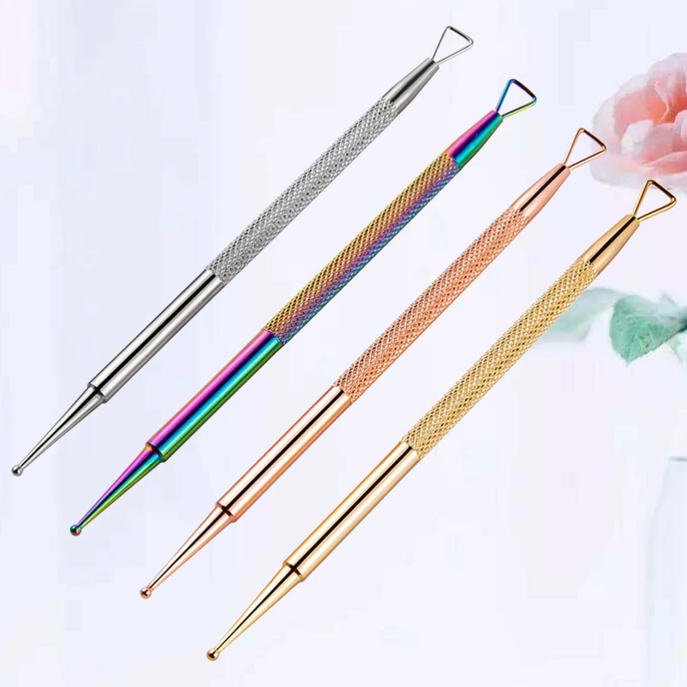 4pcs Stainless Steel Dotting Pen Cuticle Pusher Triangle Cuticle Peeler Nail Polish Remover Double-ended Nail Art Tools (Golden, Silver, Rose Gold, Colorful)