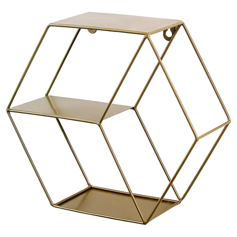 Creative Nordic Style Hexagon Storage Rack Wrought Iron Double-Layer Wall Shelf Bedroom Living Room Wall Hanging Ornament Finishing Rack - Without Nails (Golden)