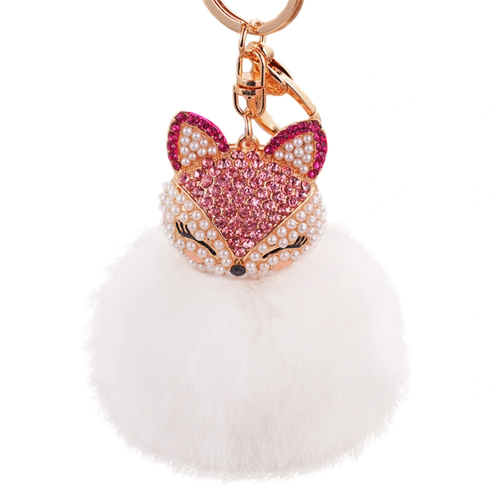 Crystal Faux Rabbit Fur Keychain Bag Charm Car Key Chain Key Ring Jewelry (White Ball)