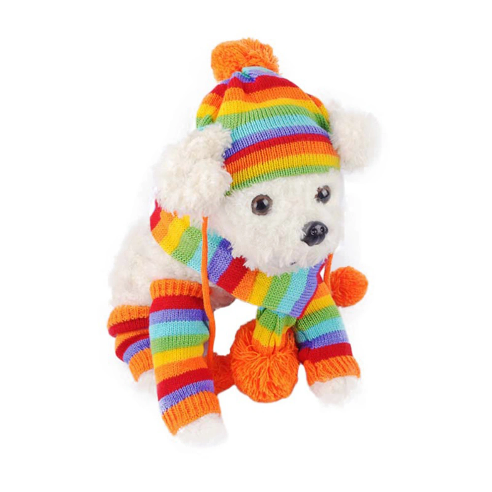 1 Set of Knitted Winter Dog Scarf Hat Set Dog Warm Costume Pet Festival Strpe Clothes Winter Accessories Size XS Rainbow Color