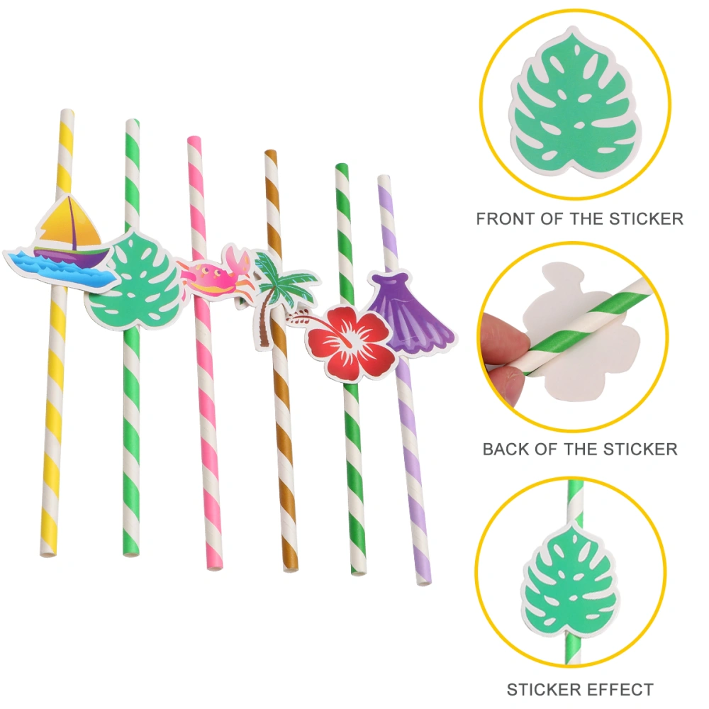 60 Pcs Hawaii Plants Animal Cards Paper Straws Colorful Printing Theme Party Drinking Straws Party Supplies (Crab, Mussel, Sailboat, Coconut Tree, Flower, Large Leaf Style, Mixed Color)