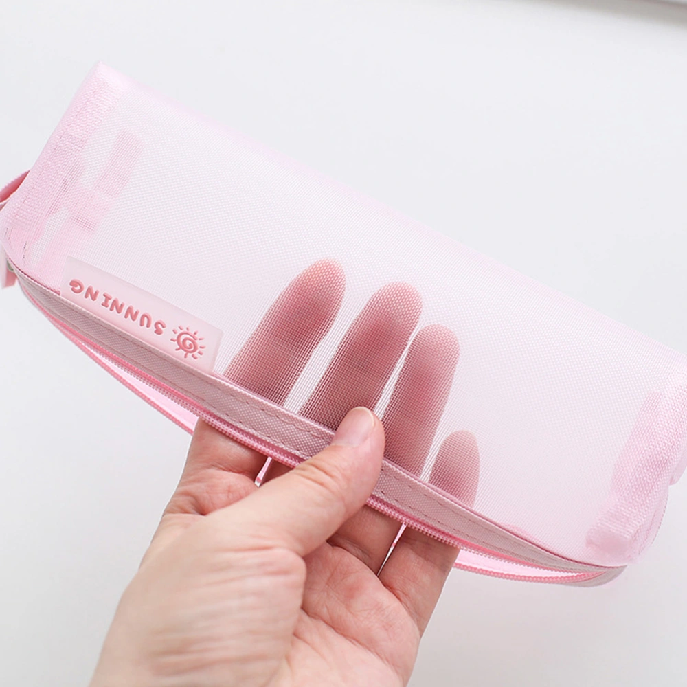 Transparent Pencil Case Mesh Pen Holder Professional Pen Bag Practical Pen Container Pink