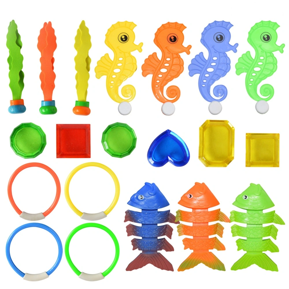 20pcs Kids Diving Rings Set Summer Underwater Diving Game Pool Swimming Toys (3 Fishbones+4 Diving Rings+3 Sea Grass+6 Stones+4 Sea Horses)