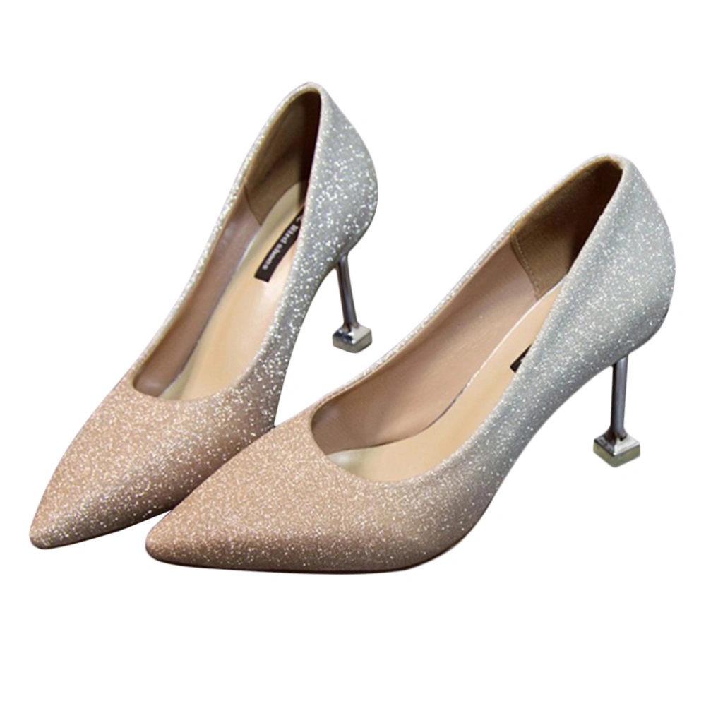 Sequined Shining Heel Shoes Women Wedding Pointed Head Shoes Ladies Elegant Shoes Pumps Shoes (Champagne, Size 37, 23.5cm Length, 6.5US, 4UK，37.5EU, 9.2355Inch)