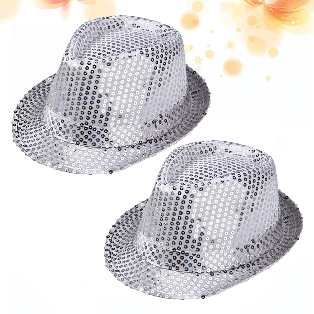 2 Pcs Jazz Hat Seuquins Hat Magician Costume Party Dress Up Accessory Performing Props for Adults Children (Silver)