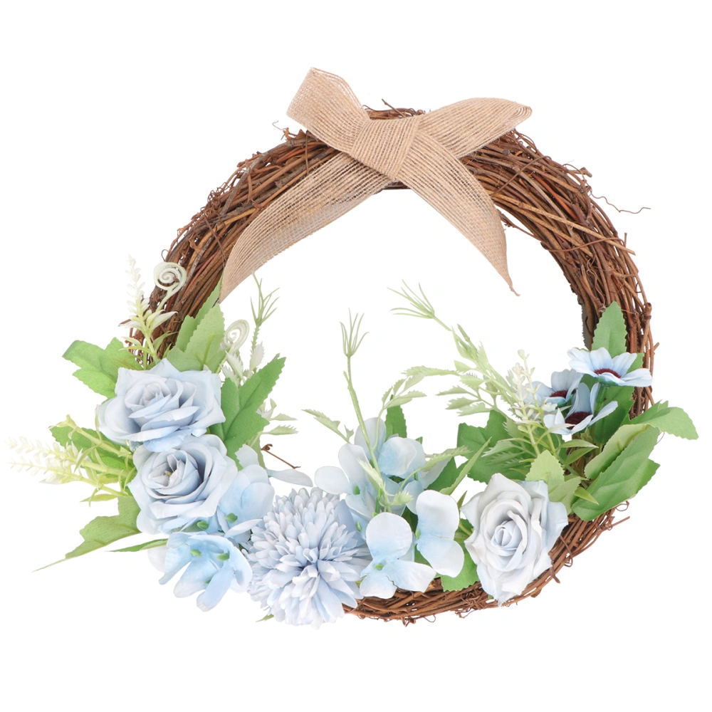 1PC Artificial Garland Simulation Rose Rattan Wreath Linen Bowknot Decor Wall Ornament Pendant (Sky-blue)