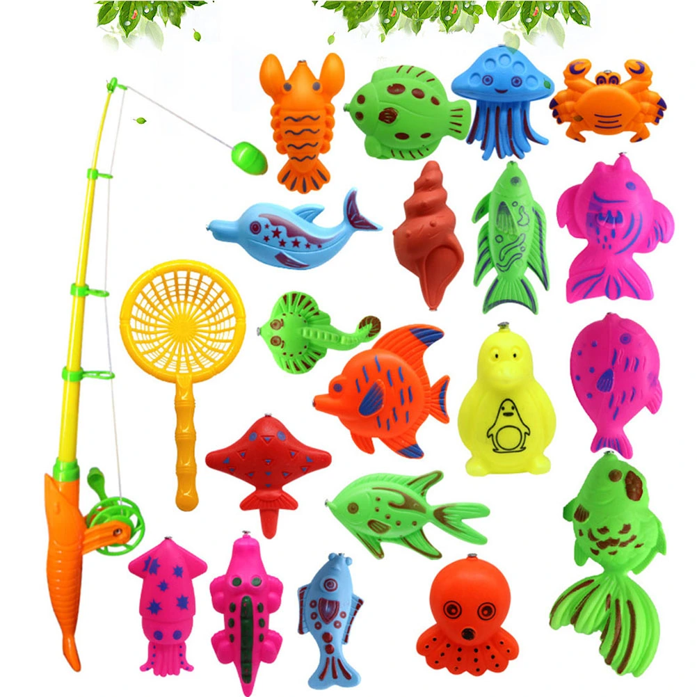 22pcs Magnetic Rod Net Fishing Toys Suit Fishing Game Set for Children Boy Girl (20pcs Fish + 1pc Rod + 1pc Net, Random Pattern and Color)