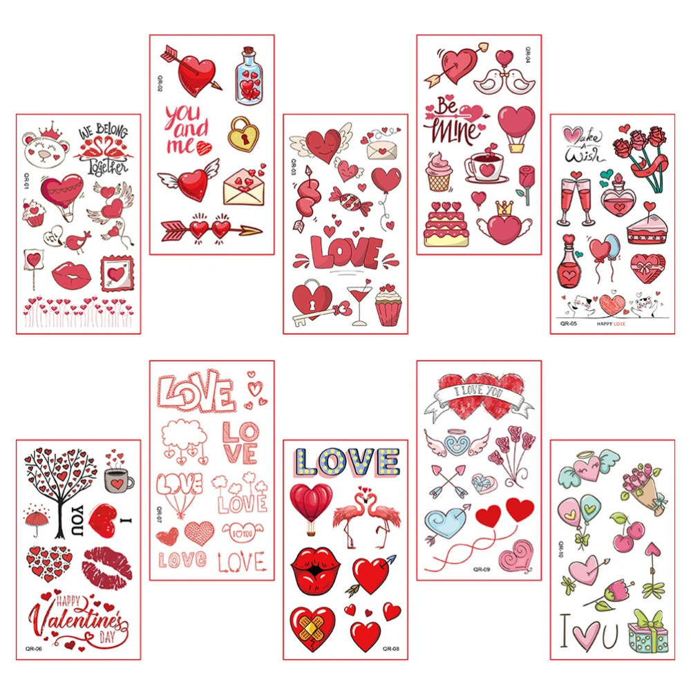 10 Sheets Valentines Temporary Tattoos Stickers Fake Body Tattoos Stickers