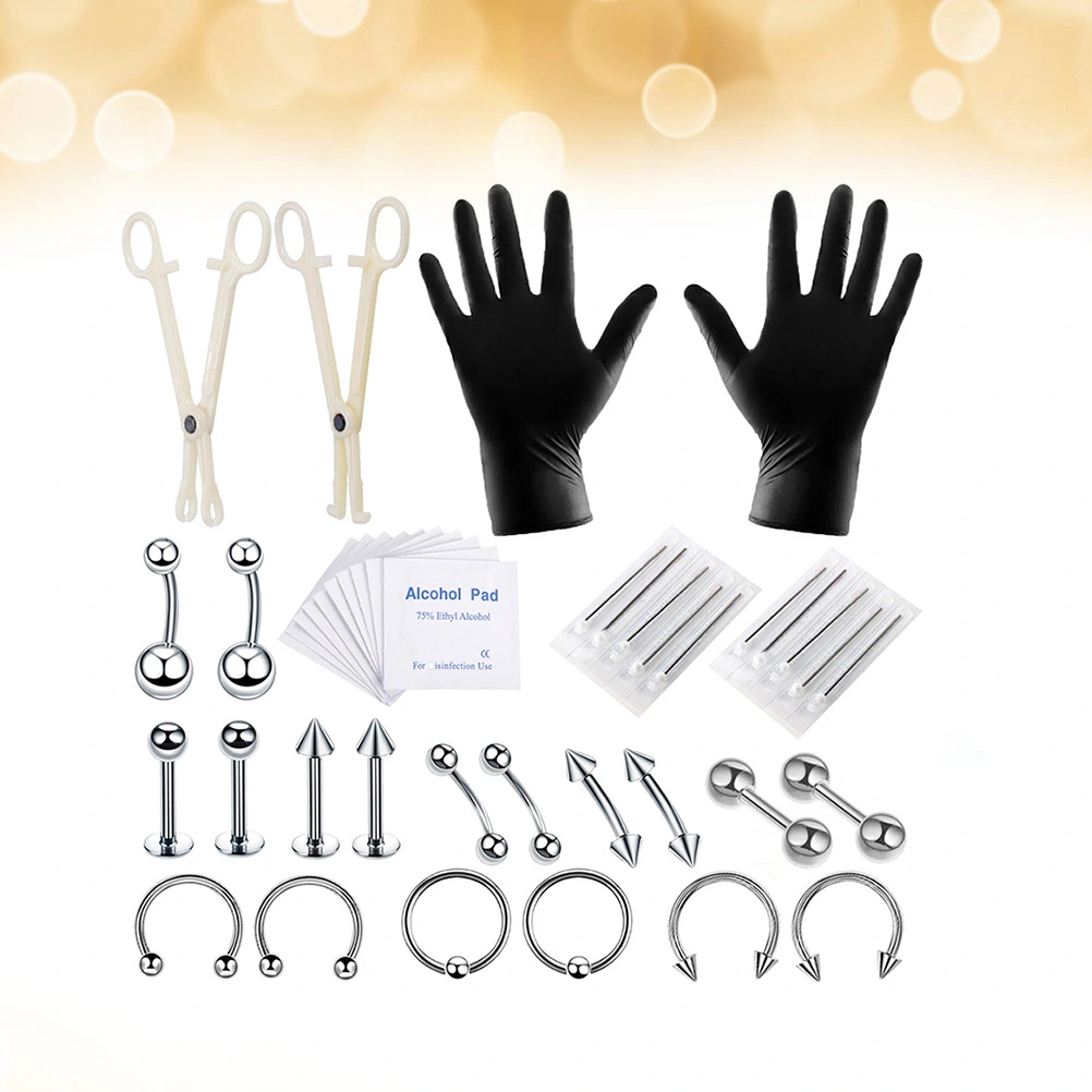 42pcs Puncture Tools Set Lip Eyebrow Ear Belly Human Body Piercing Jewelry Tools Set (Steel Color)