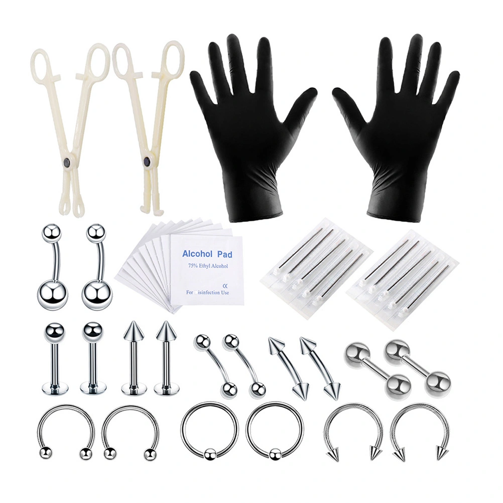 42pcs Puncture Tools Set Lip Eyebrow Ear Belly Human Body Piercing Jewelry Tools Set (Steel Color)