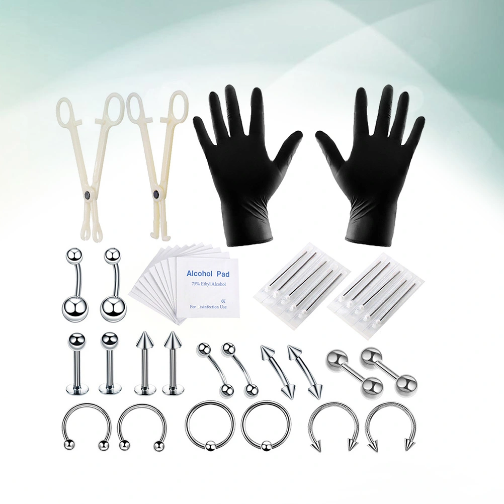 42pcs Puncture Tools Set Lip Eyebrow Ear Belly Human Body Piercing Jewelry Tools Set (Steel Color)