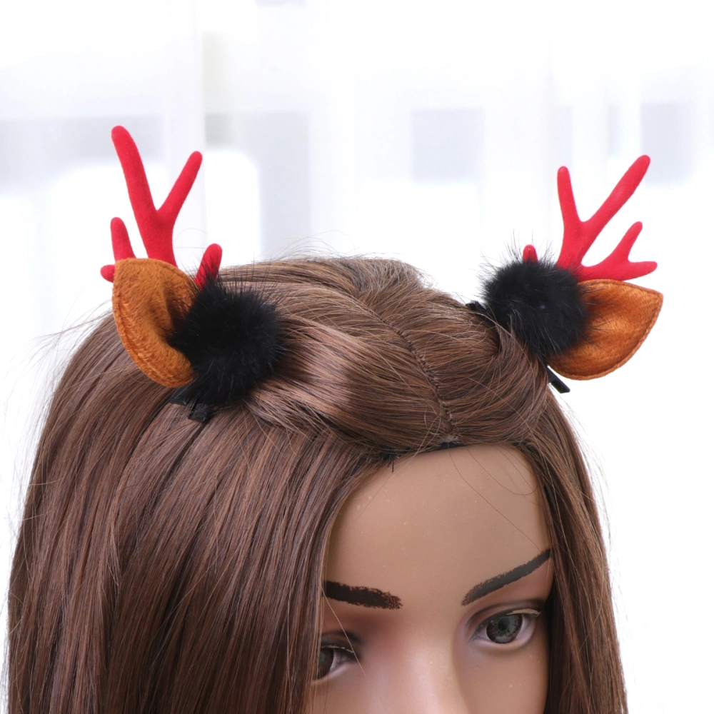 2PCS Plush Antler with Black Pompon Hair Clips Christmas Fluffy Ball Barrettes Hair Decoration for Kids Party Girls