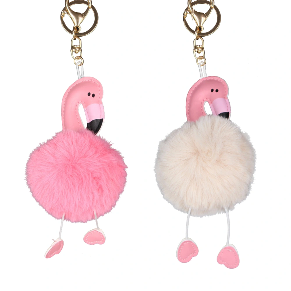 2Pcs Fluffy Key Ring Plush Animal Flamingo Keychain Ring Hanging Decoration (White and Pink)