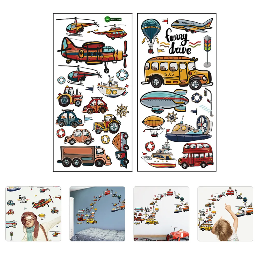 2 Sheets of Creative Cartoon Car Airplane Self-adhesive Wall Stickers Wall Decals