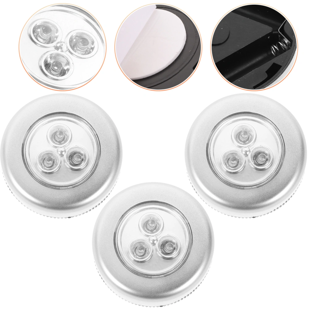 Cool Battery Powered Round Stick-on Click 3-LEDs Bright LED Push Light Lamp - 3 pcs/set (White Light)