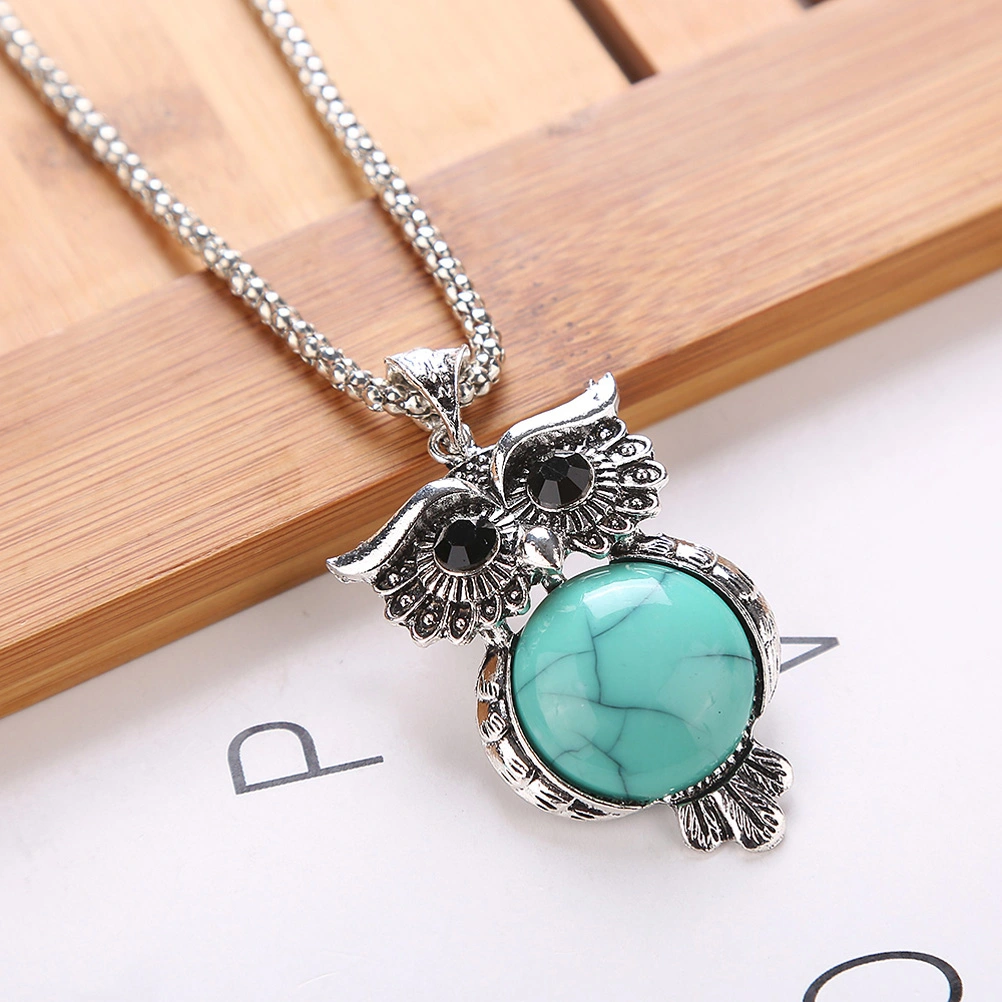 Set of 3pcs Jewelry Set Retro Turquoise Stone Owl Pendant Necklace Drop Earrings Charm Bracelet