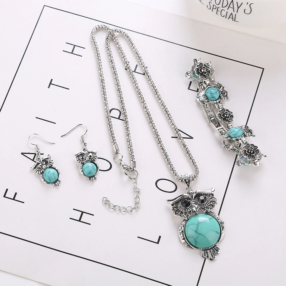 Set of 3pcs Jewelry Set Retro Turquoise Stone Owl Pendant Necklace Drop Earrings Charm Bracelet