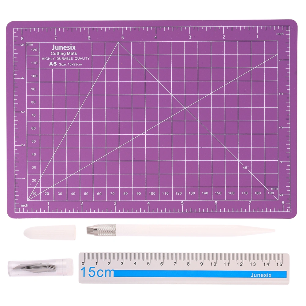 1 Set of A5 Cutting Mat Aluminium Ruler Set Cutting Plate Schedule Book Pen Cutter for Art Designer Professional Cutting Mat (Purple Cutting Mat + White Pen Cutter)