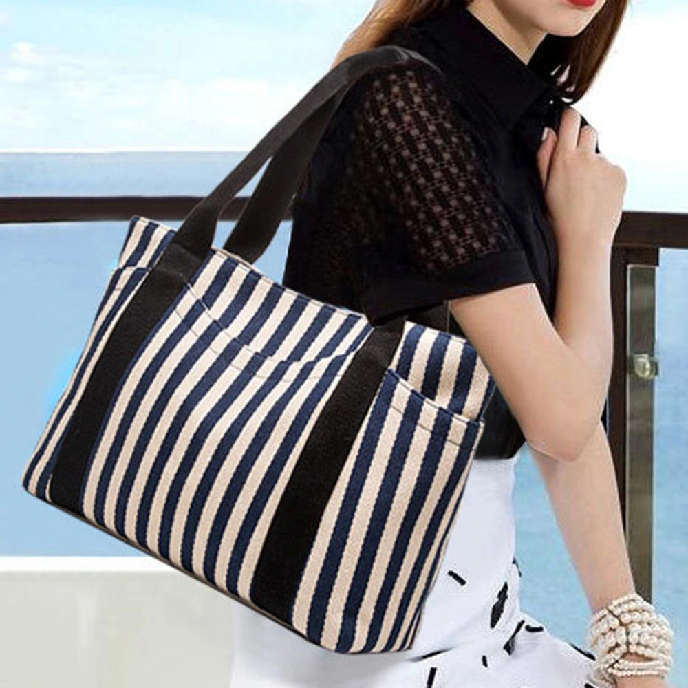 Striped Canvas Handbag Shoulder Bag Large Capacity Tote for Mommy Women (Navy)