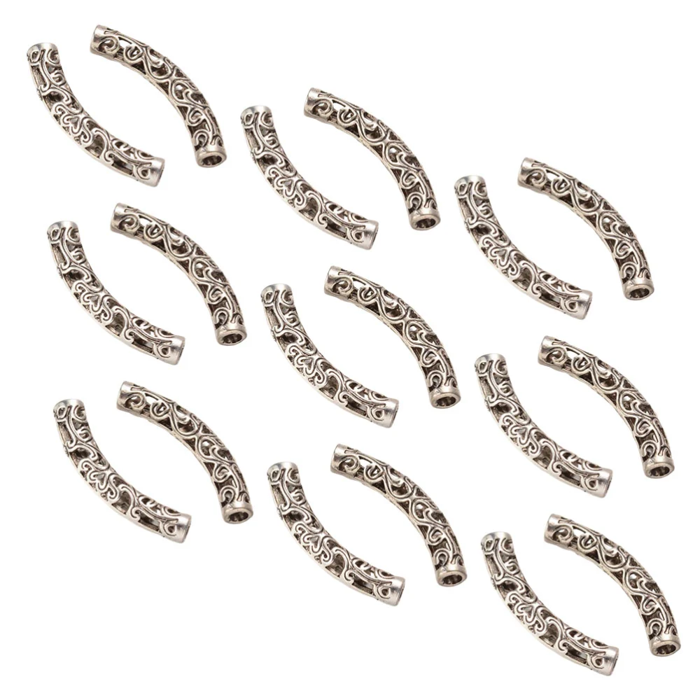 100 Pcs Decoration Alloy Bent Tube Charms Hollow Pipe Spacer Beads Fittings Charms Vintage DIY Jewelry Making Accessories for Necklace Bracelet (Silver)