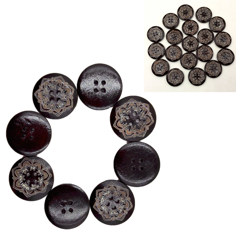 50PCS 25MM Four-eye   Carved Wood Buttons Decorative Buttons for Sewing Scrapbooking Crafts (Brown)