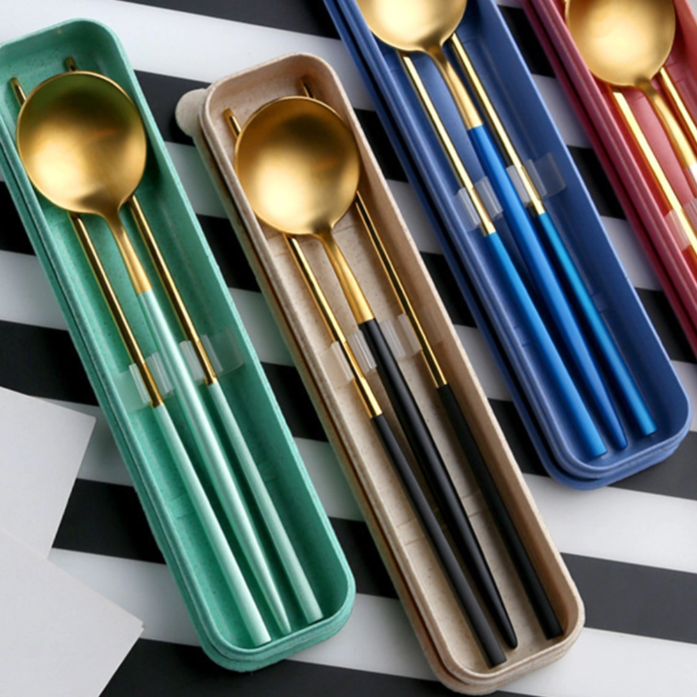 Stainless Steel Chopsticks Spoons Durable Simple Portable Gift Spoons Chopsticks for Man Woman (1 Pair of Chopsticks, 1pcs Fork 1pcs Spoons, Blue Golden, Cloth Bag, Blue Portable Box)